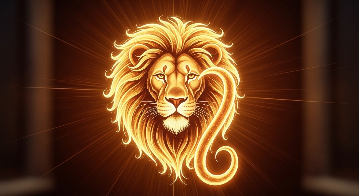 Kepala singa emas bersinar dengan simbol zodiak Leo bergaya dengan latar belakang gelap