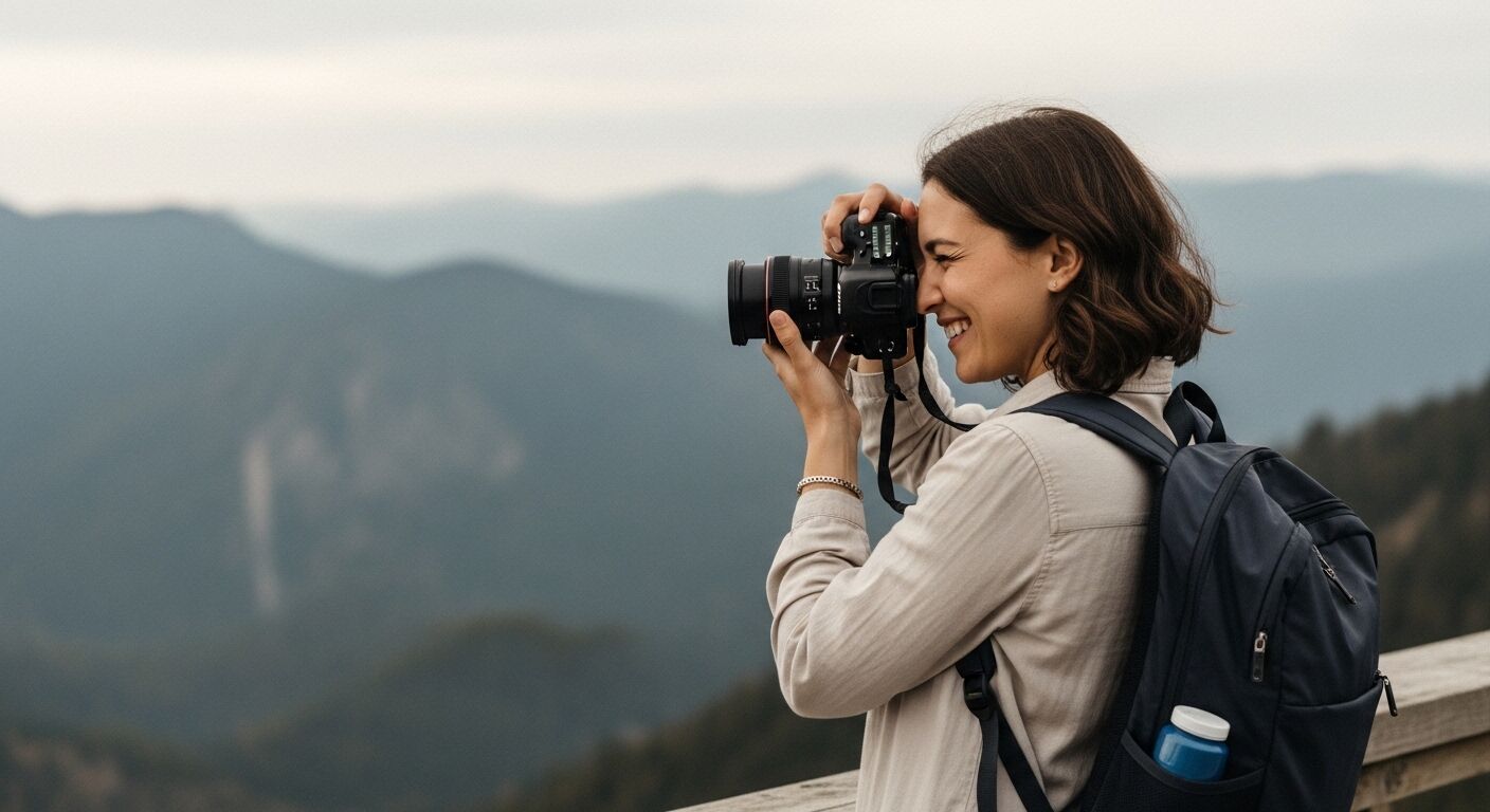 Wanita dengan ransel mengambil foto dengan kamera DSLR menghadap pemandangan pegunungan.