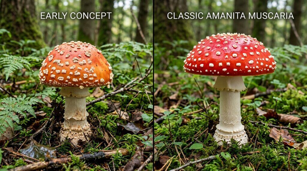 Perbandingan konsep awal dan jamur Amanita muscaria klasik dengan tudung merah dan bintik putih di lingkungan hutan.