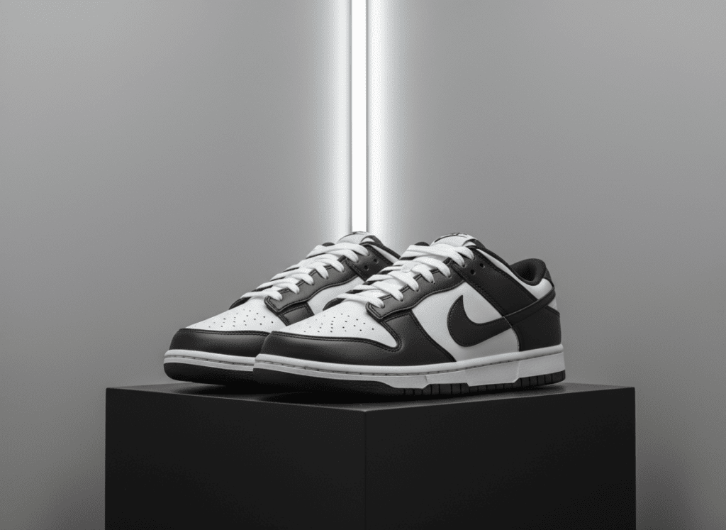 Sepatu kets Nike Dunk Low hitam putih dengan alas hitam dengan latar belakang garis cahaya vertikal