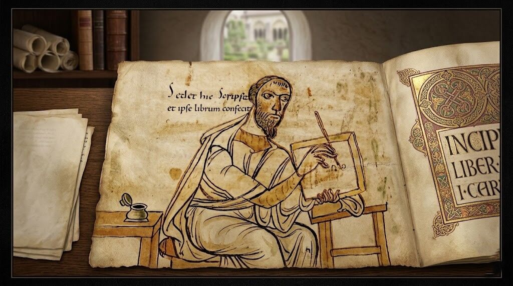 Ilustrasi manuskrip abad pertengahan dari seorang juru tulis duduk yang menulis di tablet dengan teks Latin dan halaman buku dekoratif.