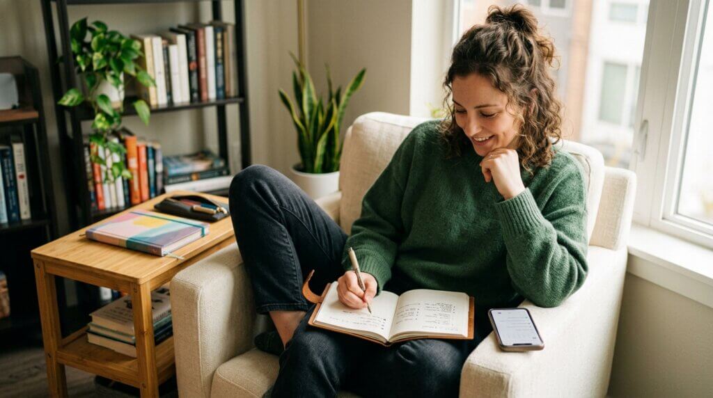 Wanita dengan sweter hijau menulis di buku catatan sambil duduk di kursi berlengan krem ​​dekat jendela dengan ponsel pintar di dekatnya