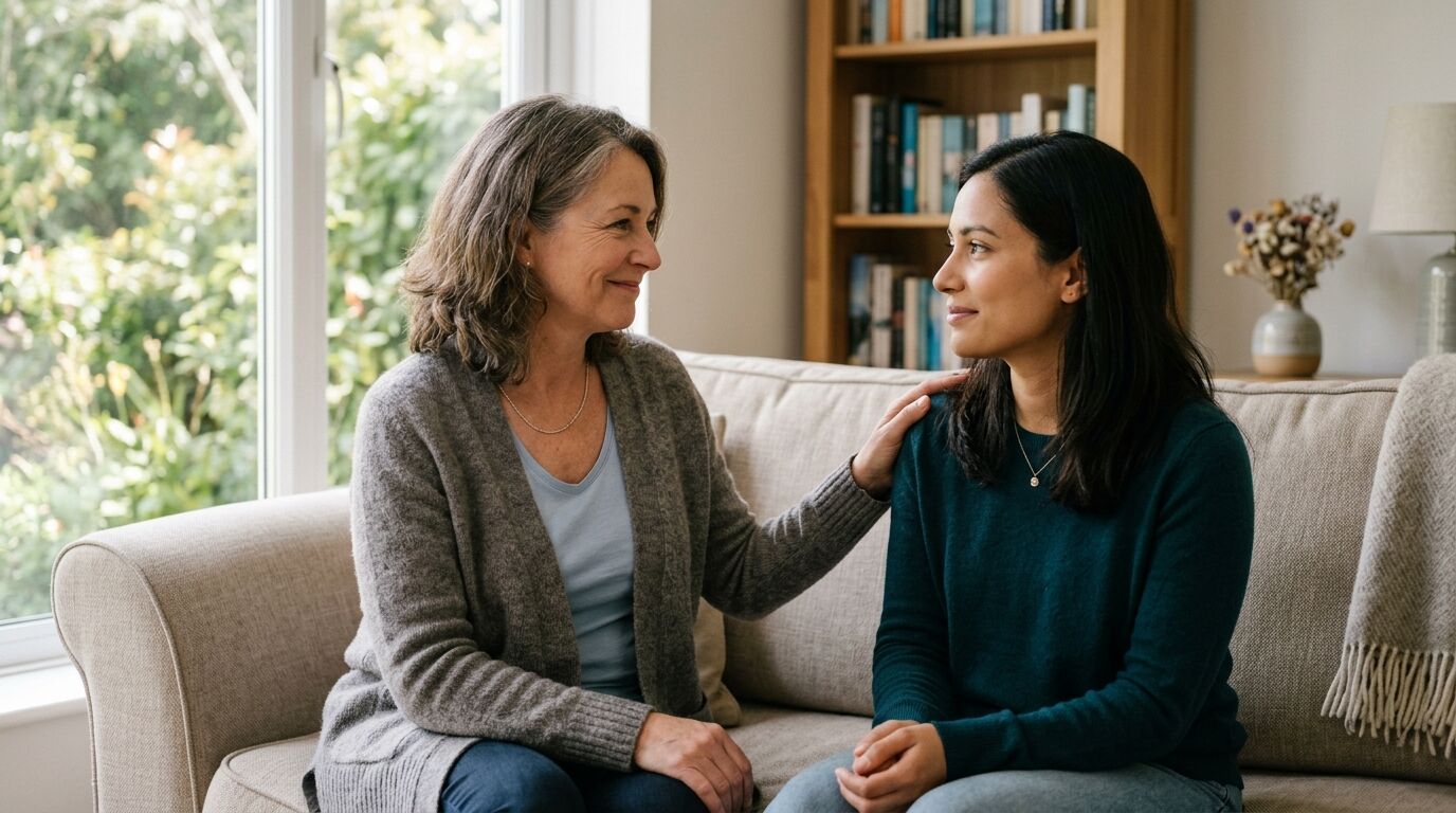 Dua wanita duduk di sofa, yang satu menghibur yang lain dengan tangan di bahunya di ruang tamu yang nyaman.