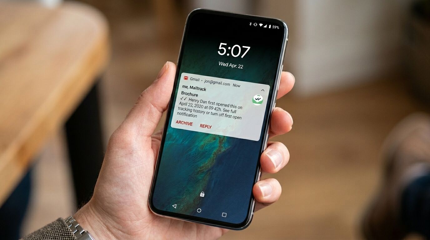Tangan memegang smartphone menampilkan notifikasi Gmail dari Mailtrack tentang brosur yang dibuka oleh Henry Dan pada 22 April 2020.