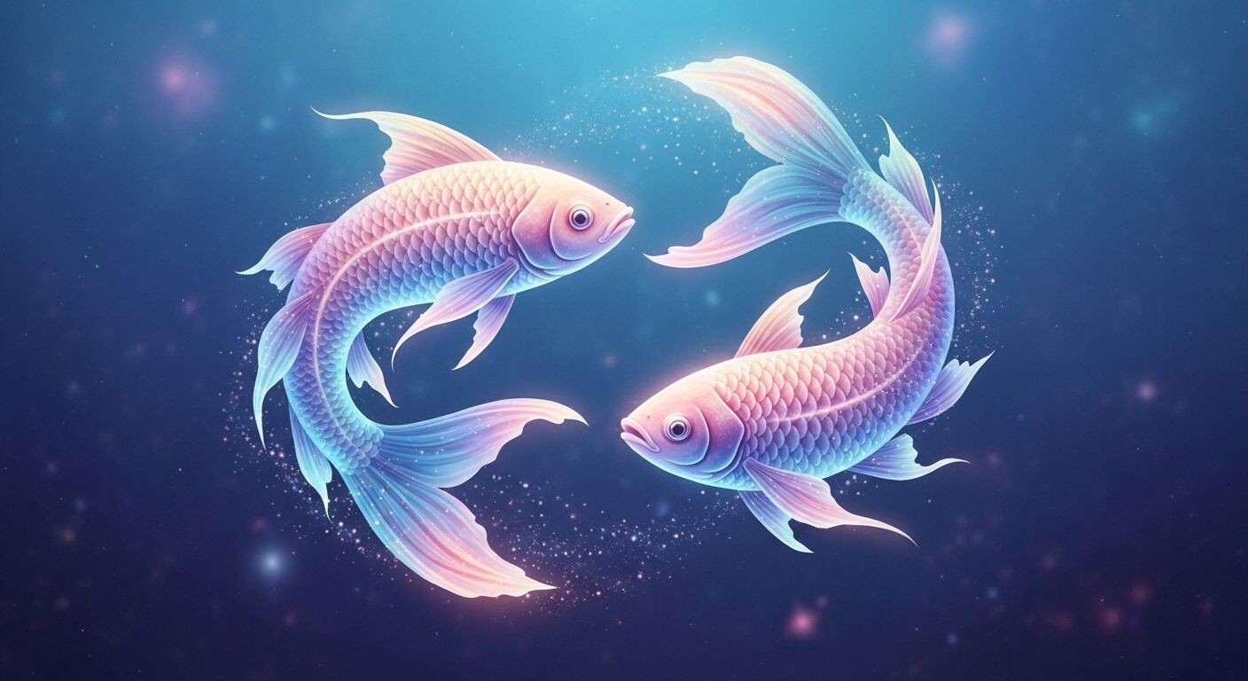 Dua ikan koi bercahaya berenang dalam pola melingkar dengan latar belakang kosmik biru