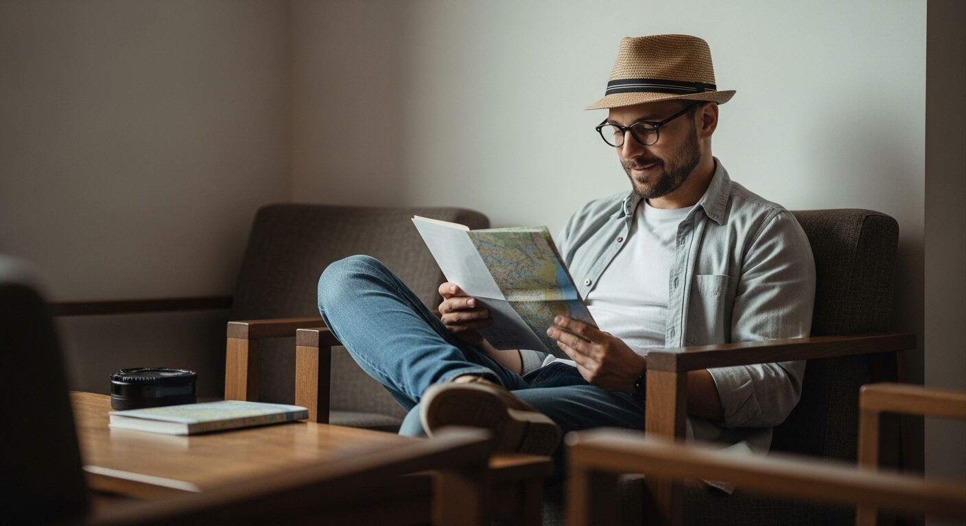 Pria bertopi dan berkacamata duduk di kursi membaca peta di dalam ruangan dengan buku dan kamera di atas meja di dekatnya