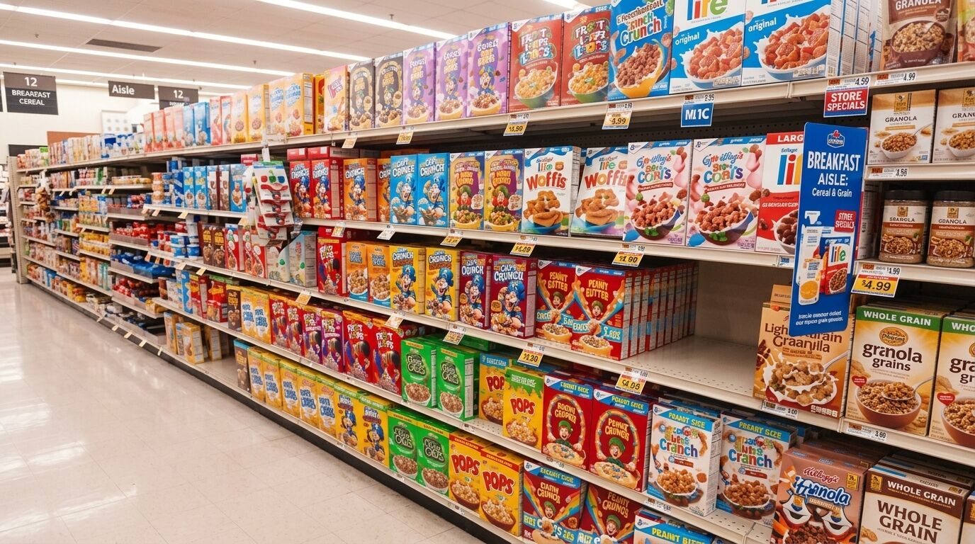 Lorong toko kelontong dengan rak berisi berbagai merek sereal sarapan termasuk Cap'n Crunch, Life, dan Kellogg's Granola.
