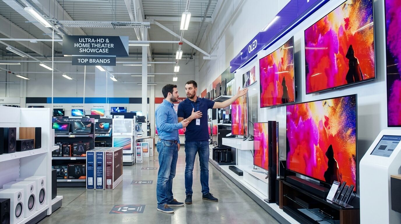 Staf penjualan menjelaskan TV OLED kepada pelanggan di bagian Pameran Ultra-HD dan Home Theater di toko elektronik.