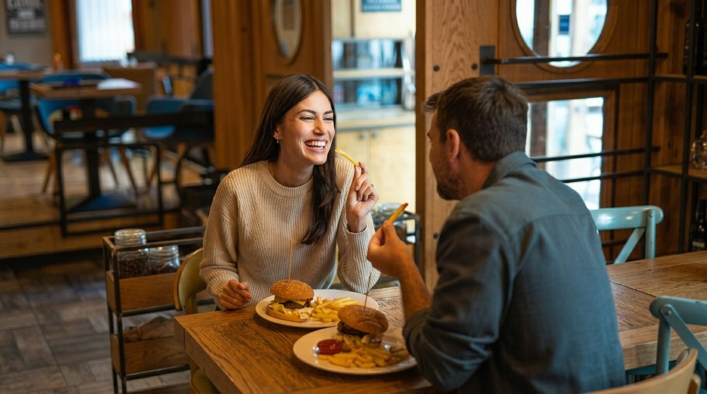 Pasangan makan burger dan kentang goreng sambil tersenyum dan berbicara di restoran kasual.