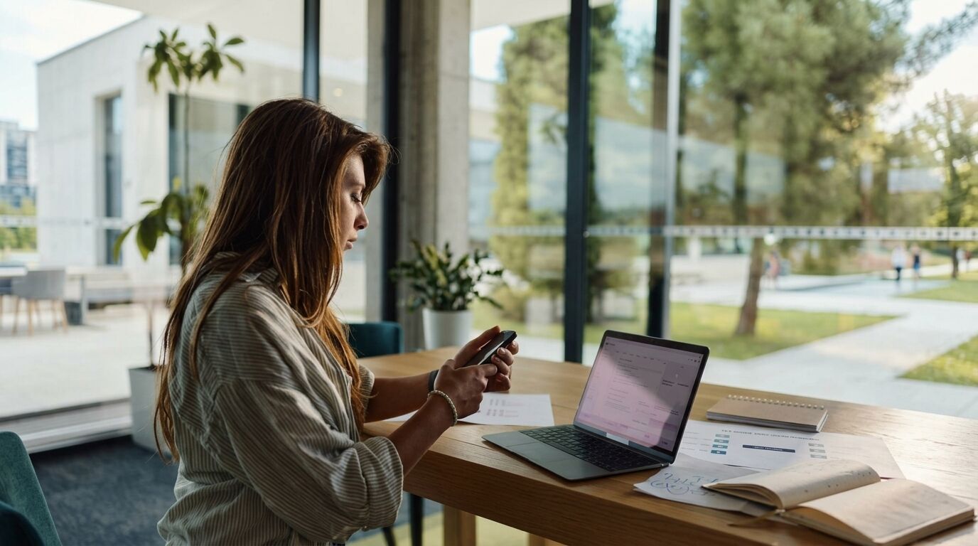 Wanita berkemeja bergaris menggunakan smartphone di meja dengan laptop dan dokumen di kantor modern dengan jendela besar