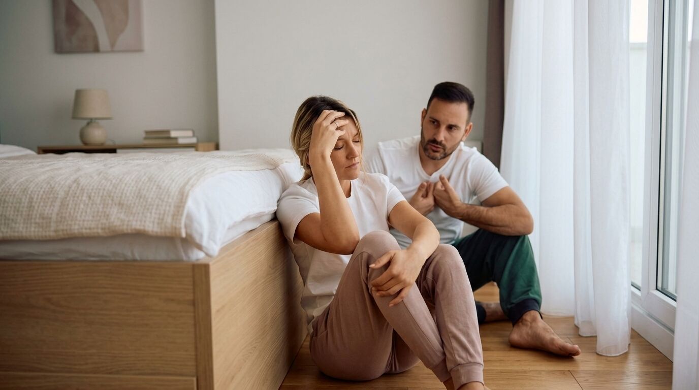Pasangan yang duduk di lantai kamar tidur sedang mengobrol serius, wanita tampak tertekan dan pria berbicara kepadanya.