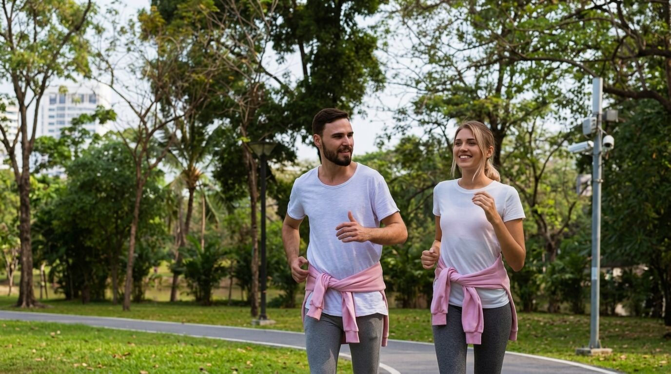 Pria dan wanita jogging di taman mengenakan kemeja putih dan kaus merah muda diikatkan di pinggang mereka