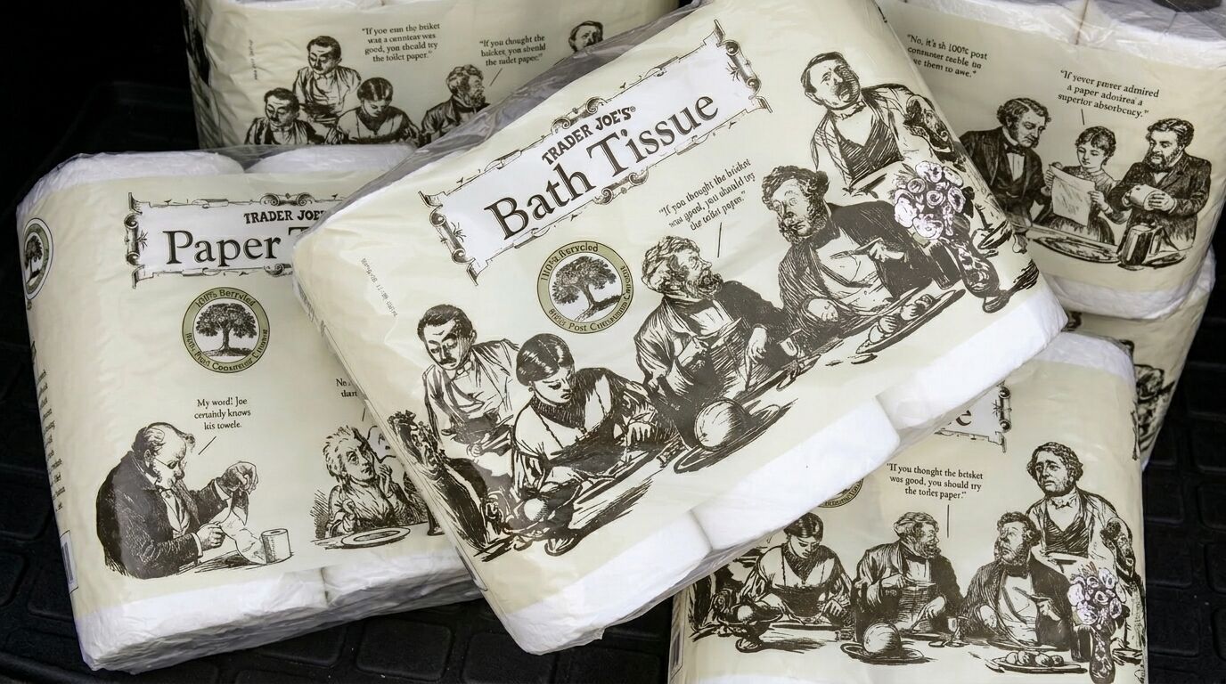 Paket Tisu Mandi dan Handuk Kertas Trader Joe dengan ilustrasi hitam putih bergaya vintage dan kutipan lucu.