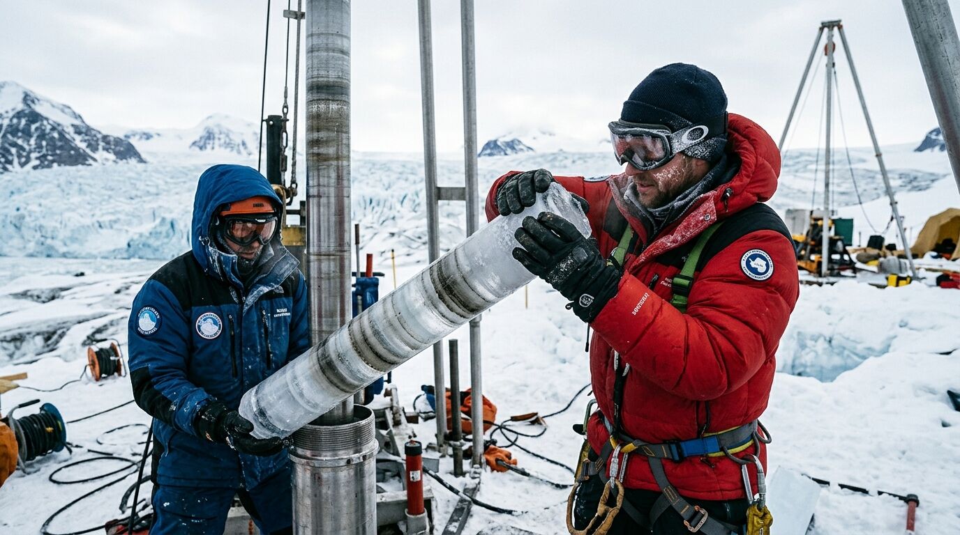 Dua peneliti di Antartika sedang menangani sampel inti es berbentuk silinder di lokasi pengeboran dengan latar belakang gletser.