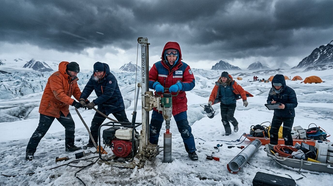 Para ilmuwan mengebor inti es di gletser bersalju dengan latar belakang pegunungan dan tenda oranye