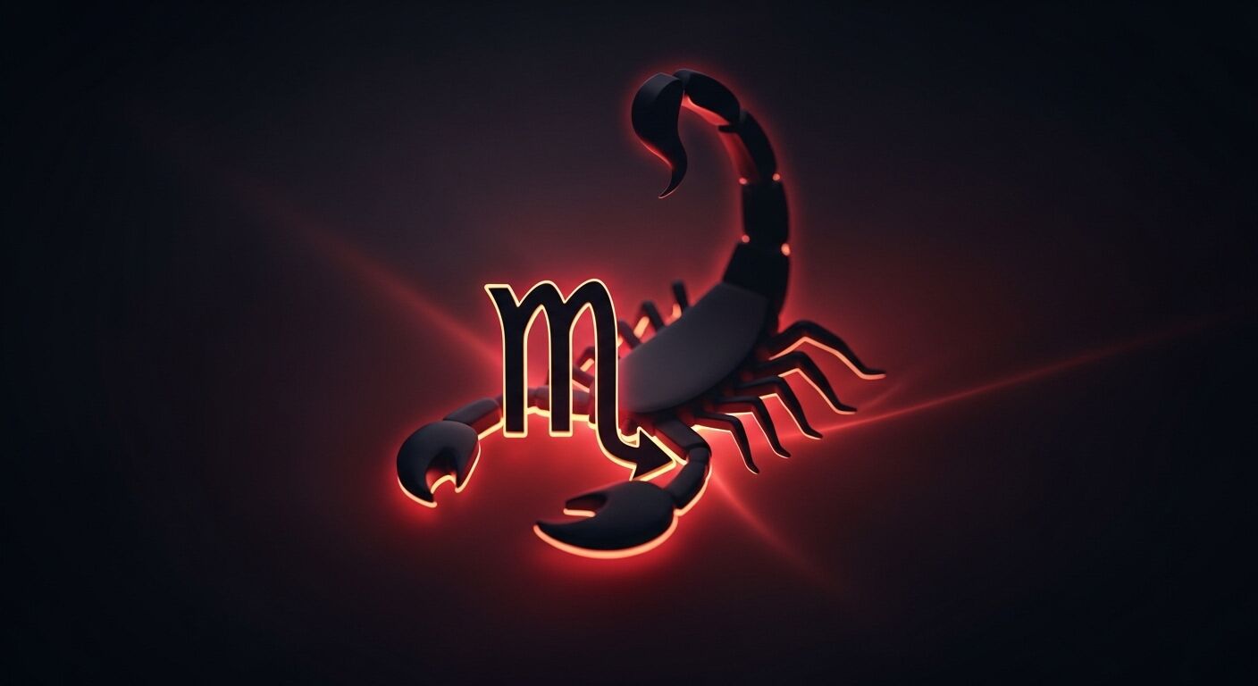 Simbol zodiak Scorpio 3D merah dan hitam bersinar dengan kalajengking dengan latar belakang gelap