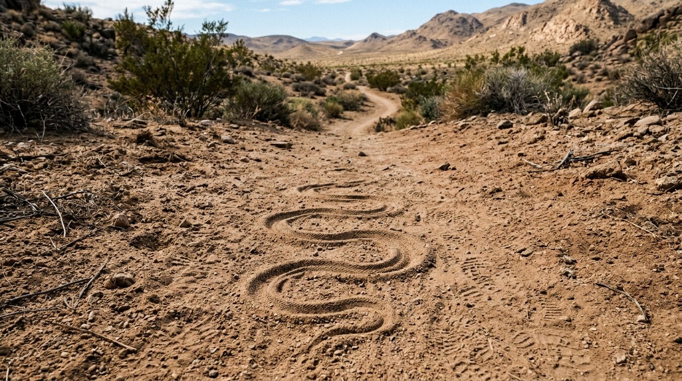 Ular merayap melintasi jalan tanah di lanskap gurun dengan vegetasi yang jarang dan pegunungan yang jauh.