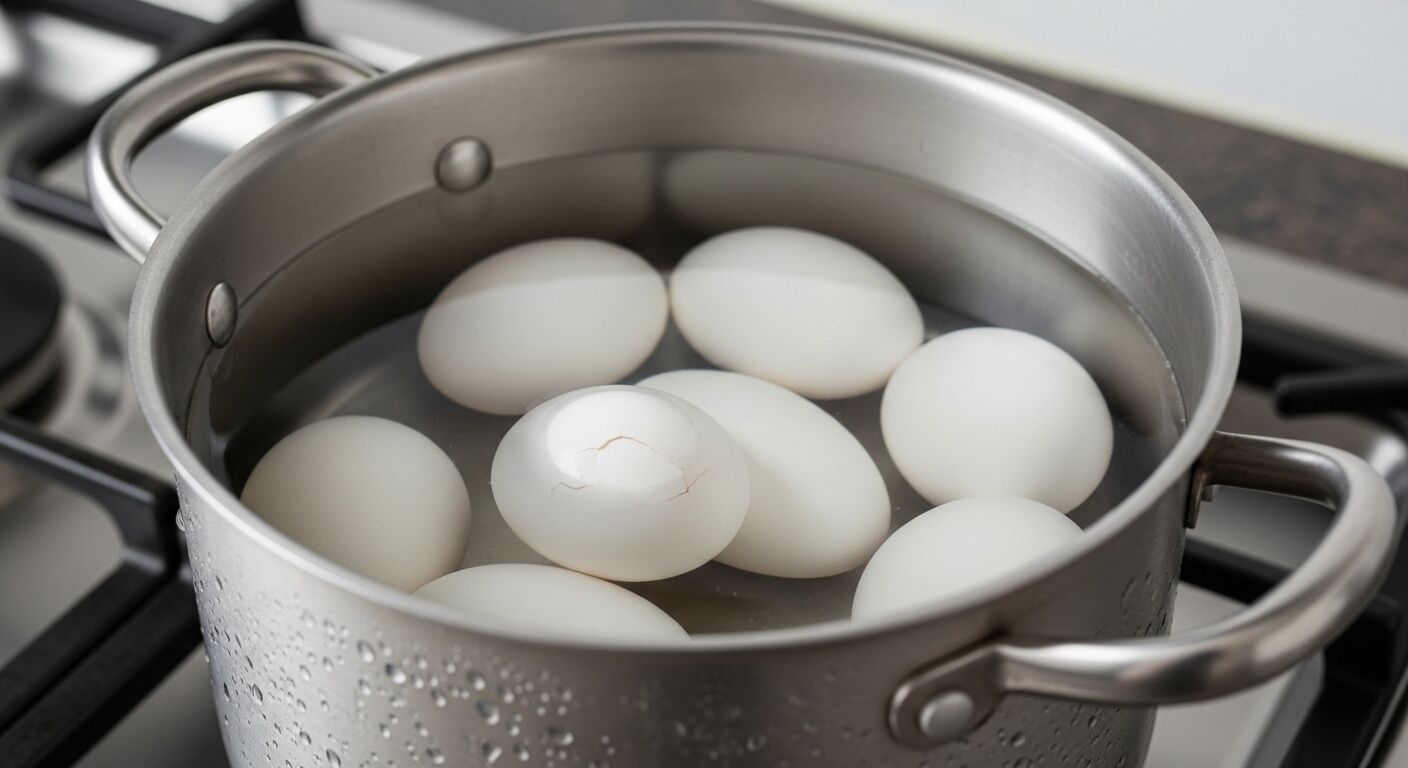 Putih telur direbus dalam panci stainless steel di atas kompor, satu butir telur terlihat retak.
