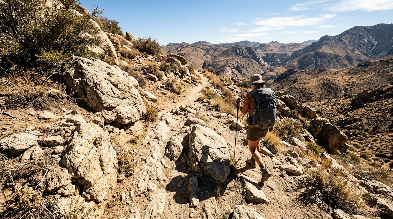 Pejalan kaki dengan ransel dan topi berjalan di jalur gurun berbatu di lanskap pegunungan di bawah langit cerah