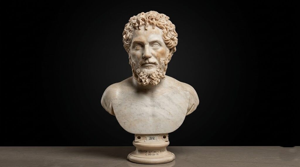 Patung marmer Kaisar Romawi Septimius Severus dengan rambut keriting dan janggut di atas alas.