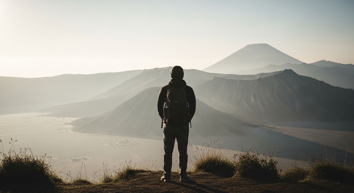 Pejalan kaki dengan ransel berdiri di punggung bukit menghadap pegunungan vulkanik berkabut saat matahari terbit.