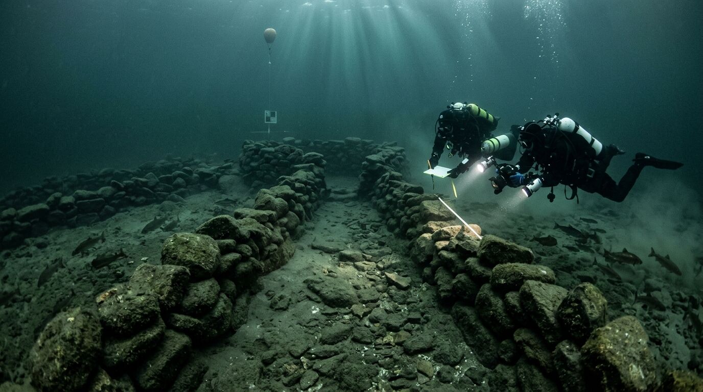 Dua penyelam scuba mendokumentasikan struktur batu kuno bawah air dengan alat ukur dan lampu.