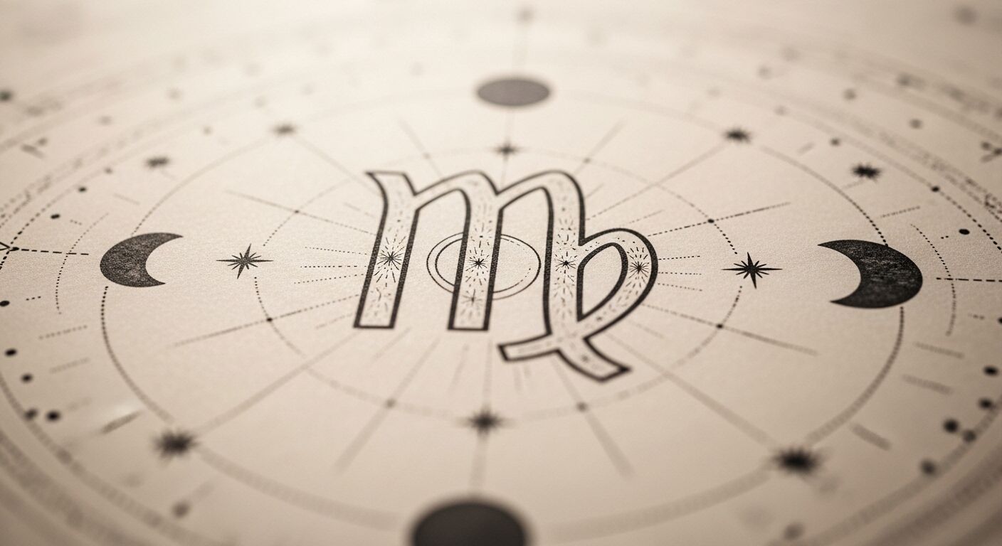 Simbol zodiak Virgo dikelilingi oleh bintang dan bulan sabit dengan latar belakang bagan langit.