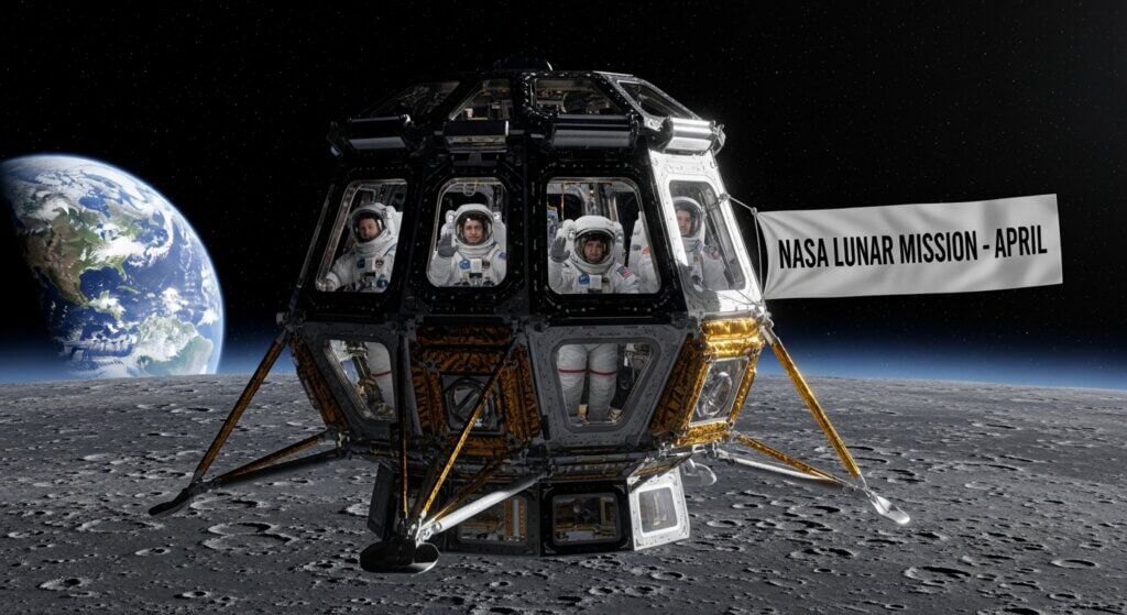 Empat astronot di dalam pendarat bulan di bulan dengan latar belakang Bumi dan spanduk bertuliskan 