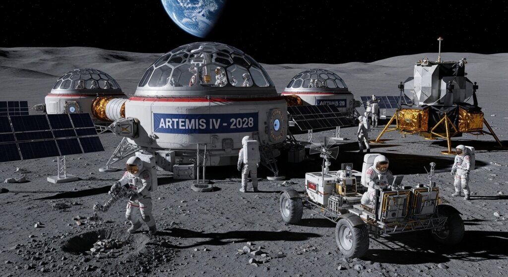 Astronot melakukan eksplorasi bulan di dekat pangkalan Artemis IV 2028 dengan latar belakang Bumi terlihat.