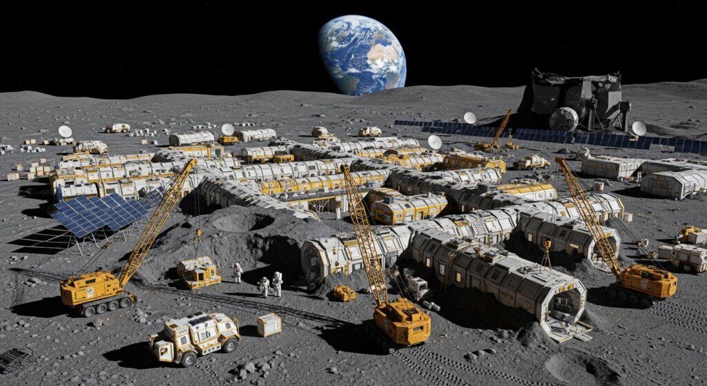 Pangkalan bulan sedang dibangun dengan habitat modular, derek, astronot, dan Bumi terlihat di latar belakang.