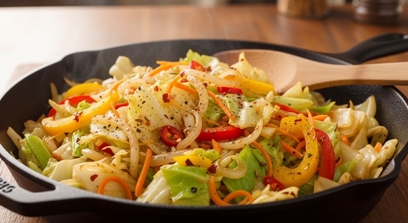 Tumis campuran sayuran termasuk kubis, paprika, bawang bombay, dan wortel dalam wajan besi dengan bumbu.