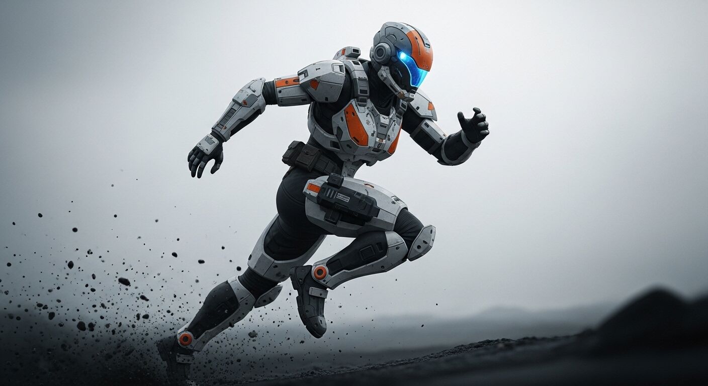 Robot futuristik dengan baju besi putih dan oranye berlari di medan berbatu dengan puing-puing beterbangan di belakangnya.