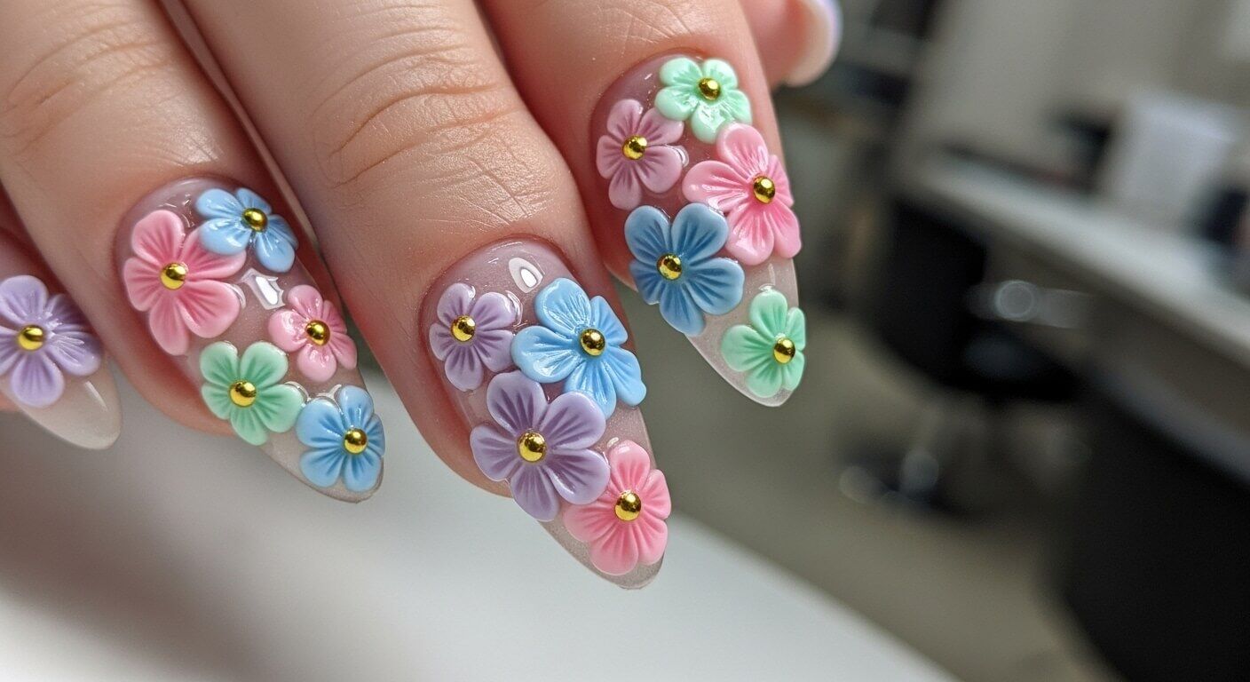 Kuku dengan seni kuku bunga 3D pastel yang menampilkan bunga berwarna merah muda, biru, ungu, dan hijau dengan bagian tengah berwarna emas.