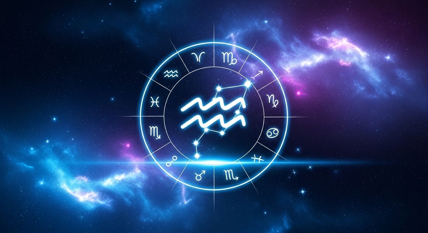 Roda zodiak bersinar dengan simbol Aquarius dan konstelasi dengan latar belakang kosmik berbintang