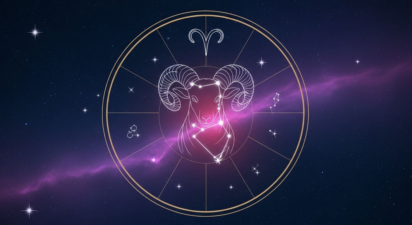 Simbol tanda zodiak Aries dengan ilustrasi ram dan konstelasi pada latar belakang malam berbintang