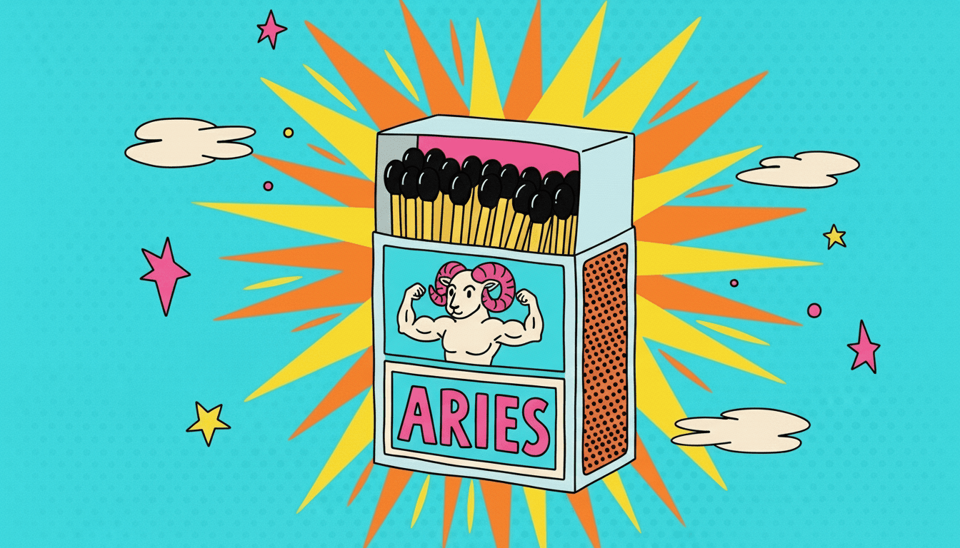 Kotak korek api dengan kepala korek api hitam menampilkan ilustrasi domba jantan Aries yang berotot dan latar belakang ledakan bintang berwarna-warni