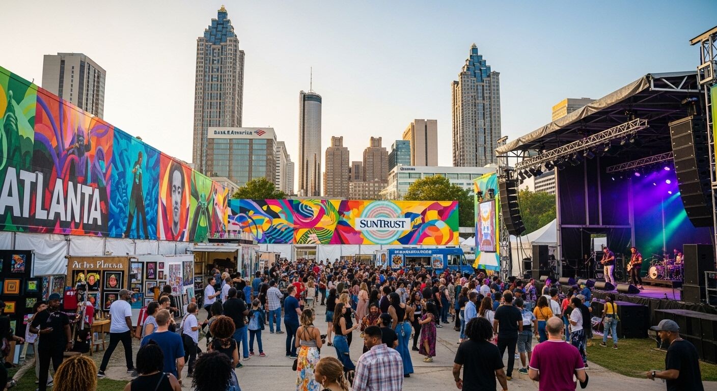 Kerumunan menonton pertunjukan band live di festival musik luar ruangan Atlanta dengan mural warna-warni dan cakrawala kota.