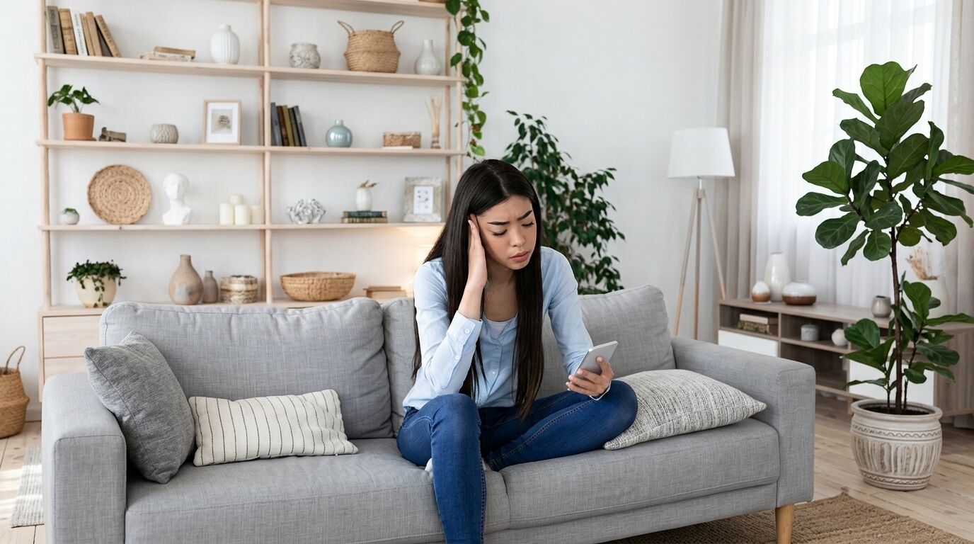 Wanita muda dengan kemeja biru dan celana jeans duduk di sofa abu-abu tampak khawatir dengan ponsel pintarnya di ruang tamu modern