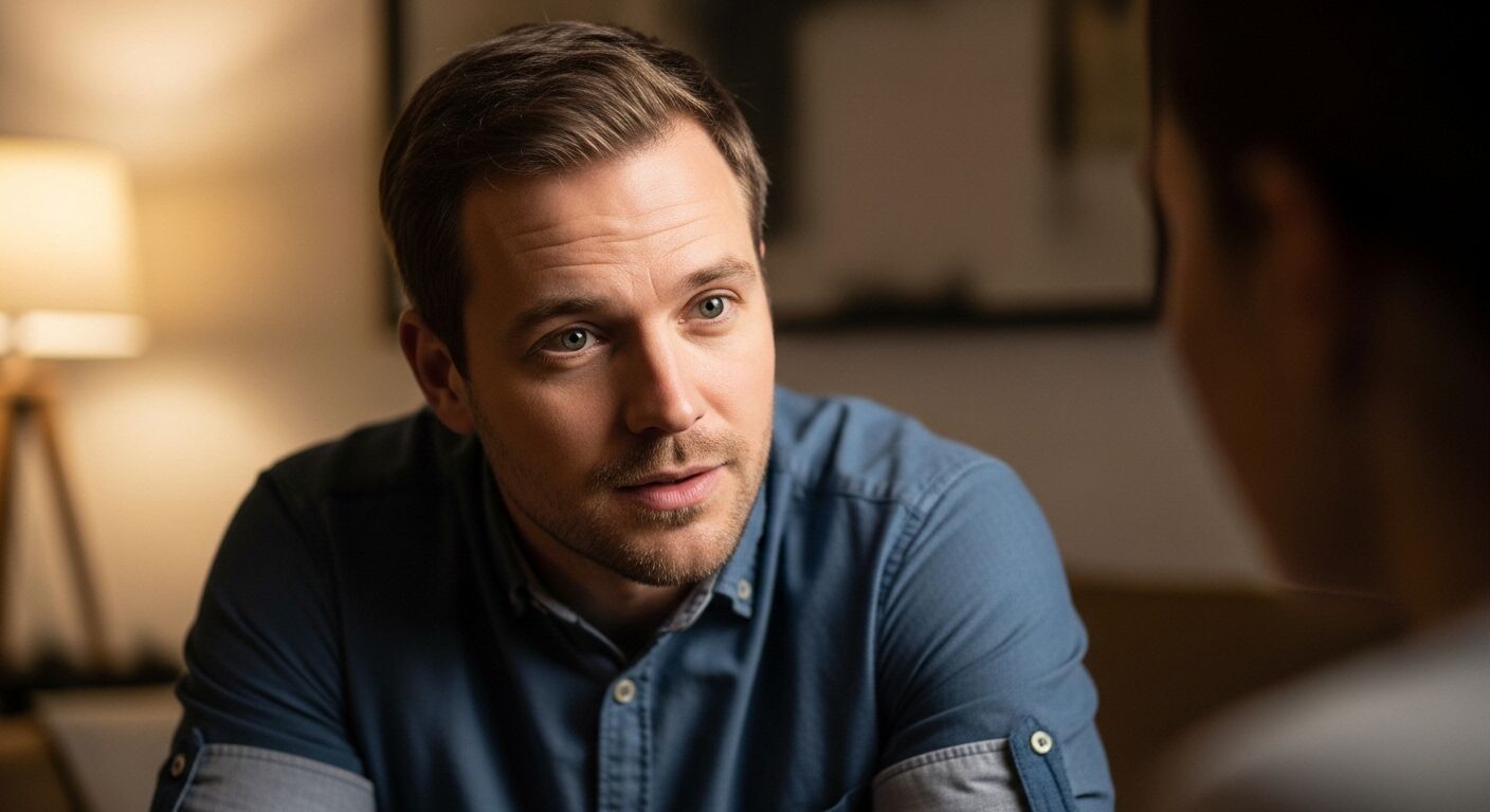 Pria berkemeja biru mendengarkan dengan penuh perhatian selama percakapan di ruangan yang terang benderang.