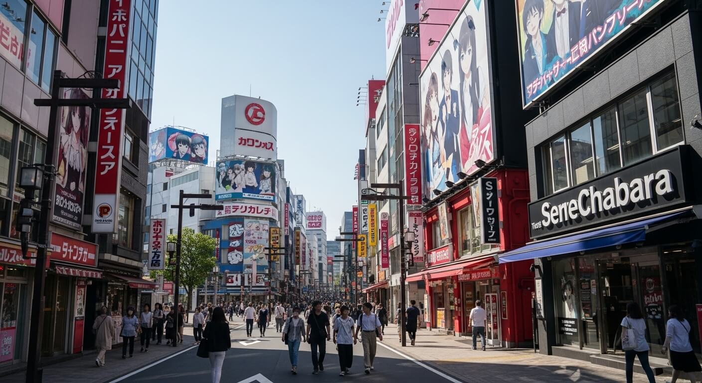 Jalan yang ramai di Akihabara, Tokyo, dengan papan reklame anime dan orang-orang berjalan di hari yang cerah.
