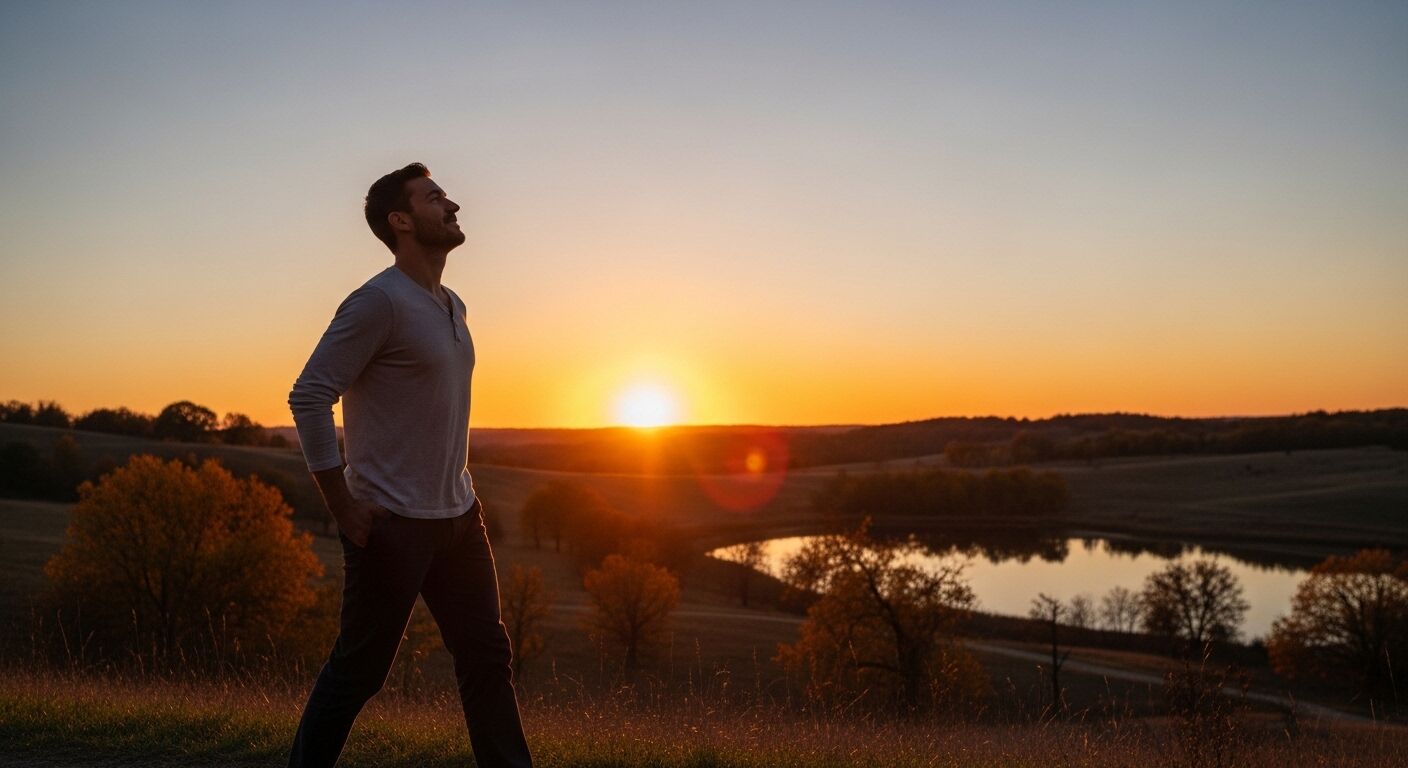 Manusia berdiri di atas bukit saat matahari terbenam menghadap danau dan pepohonan musim gugur di lanskap pedesaan.