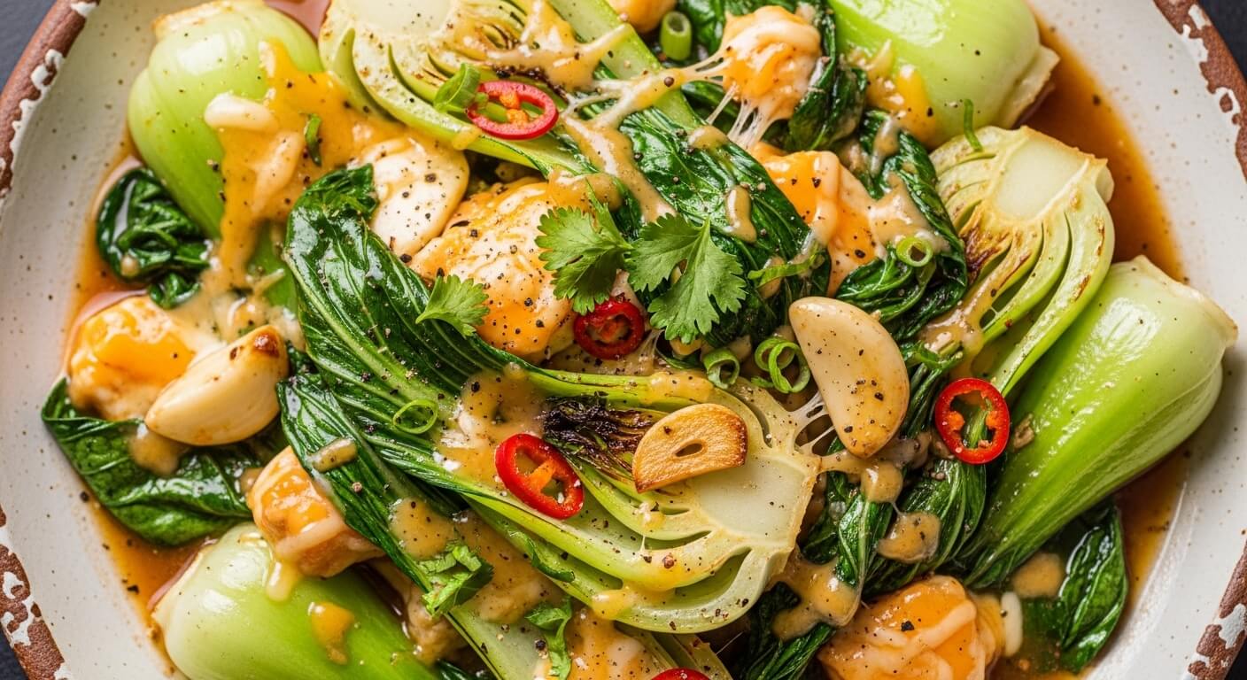 Bok choy goreng dengan bawang putih, irisan cabai, daun ketumbar, dan saus gurih dalam mangkuk keramik.