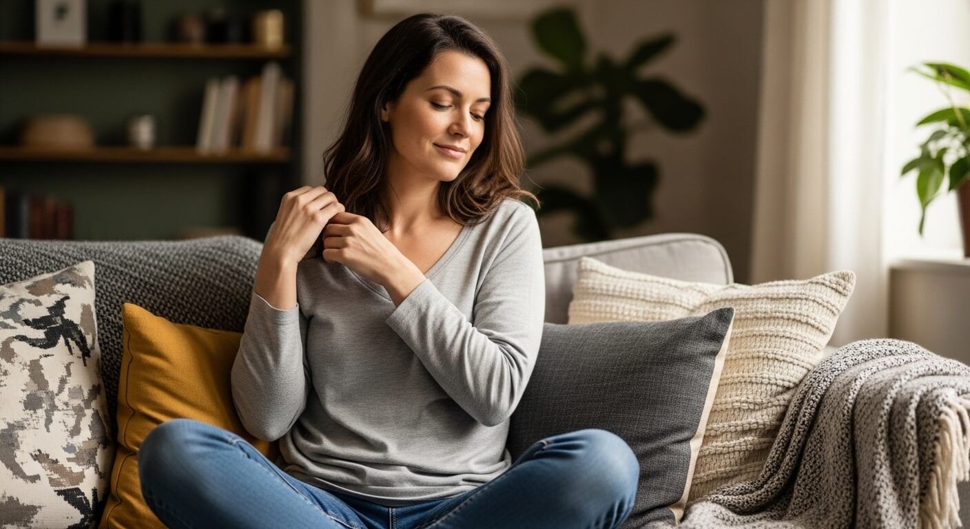 Wanita dengan kemeja lengan panjang abu-abu dan celana jeans duduk bersila di sofa dengan bantal dekoratif dan selimut
