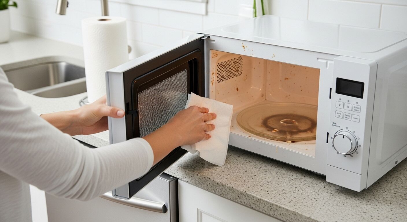 Orang membersihkan bagian dalam microwave putih kotor dengan handuk kertas di dapur.