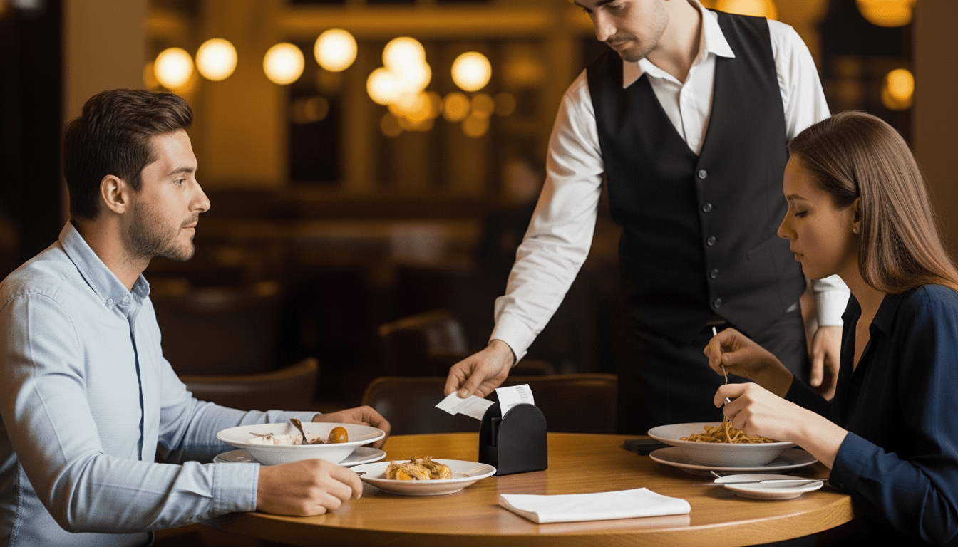 Pelayan menyajikan tagihan kepada pria dan wanita yang makan pasta dan salad di meja restoran.