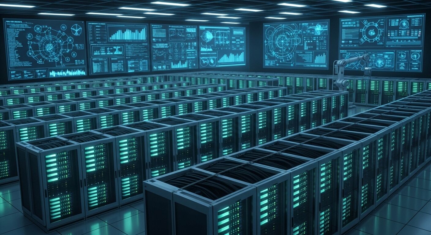 Rak server pusat data dengan lampu menyala dan beberapa layar analisis data digital di dinding.