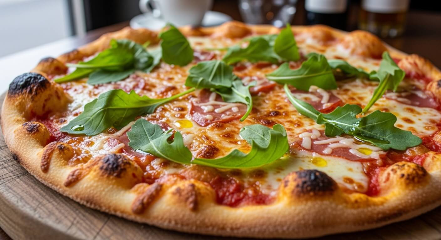Pizza dengan keju meleleh, irisan ham, saus tomat, dan arugula segar di papan kayu