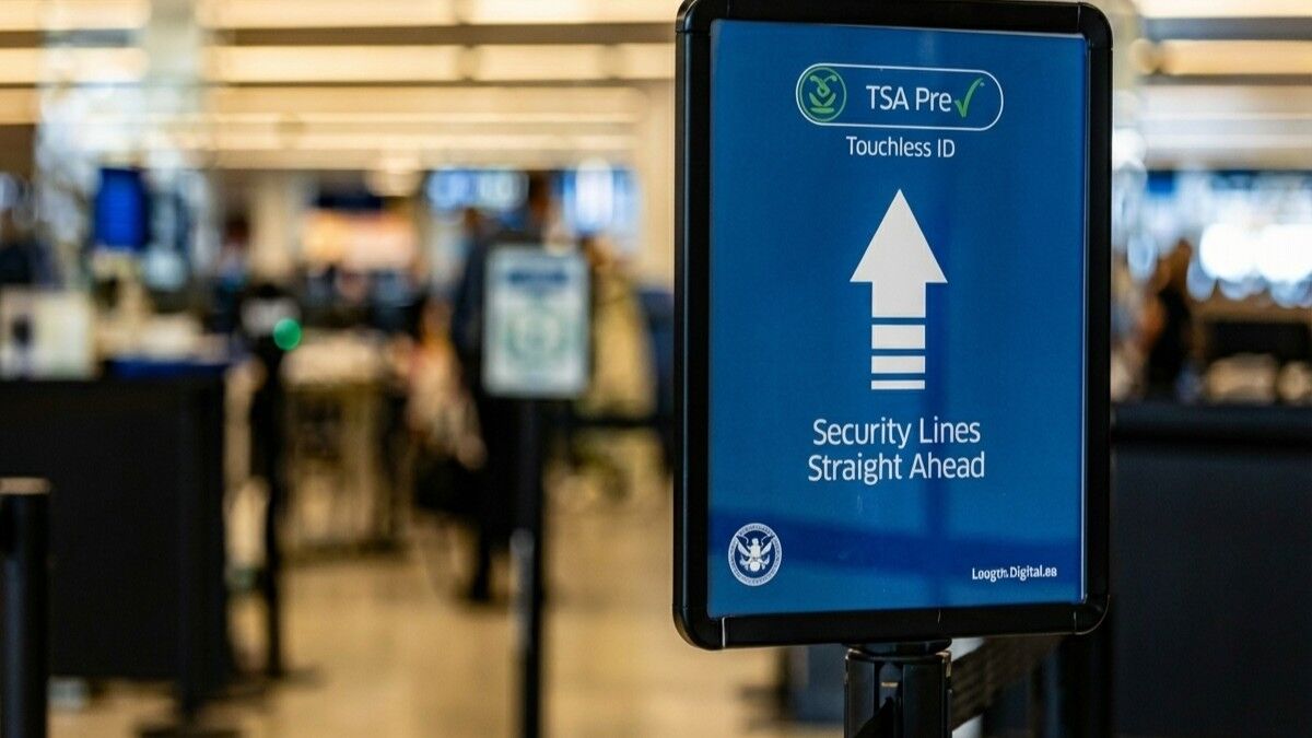 Tanda TSA PreCheck menunjukkan ID tanpa sentuhan dan garis keamanan lurus di depan di pos pemeriksaan keamanan bandara.