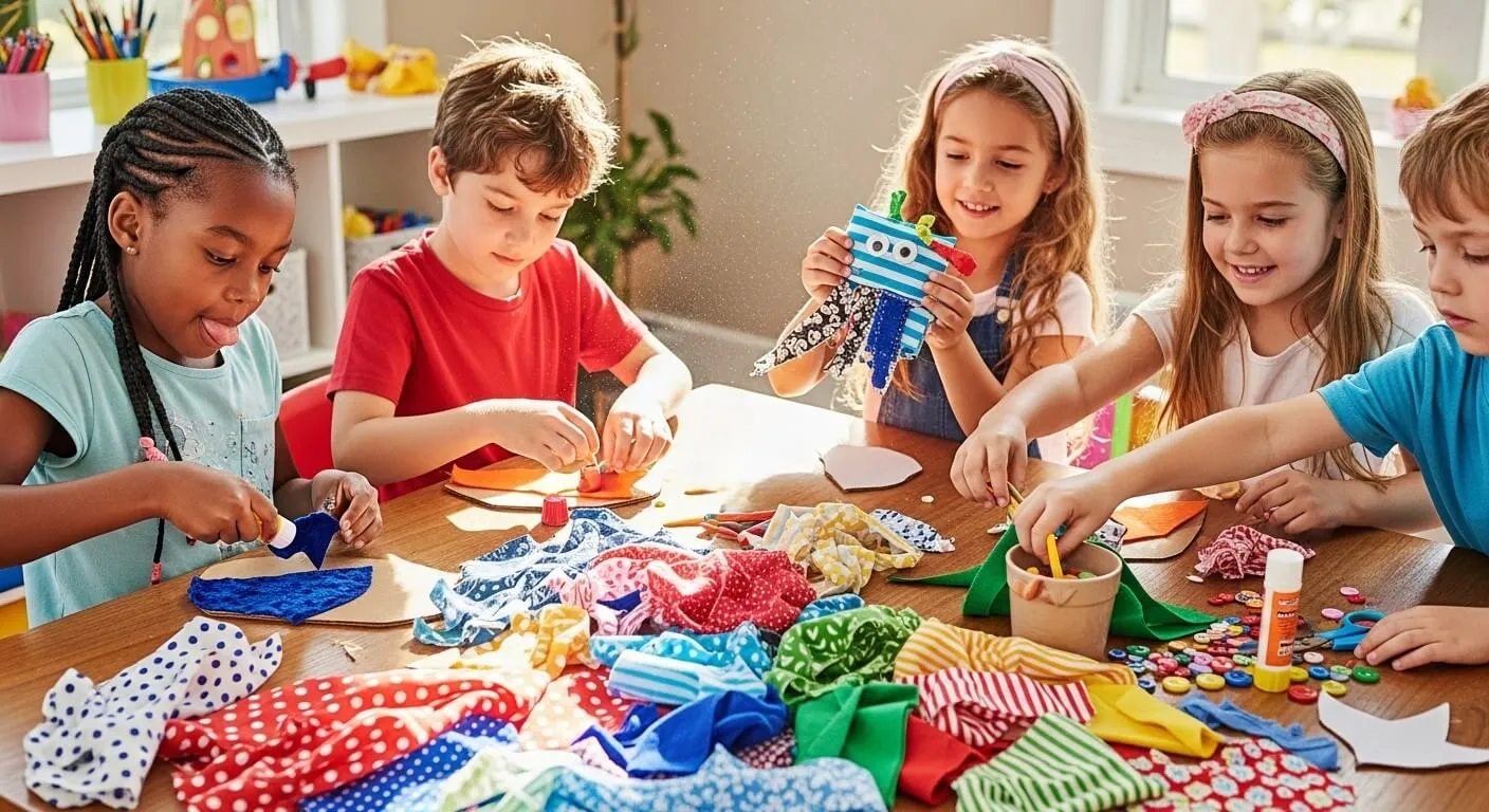 Lima anak membuat kerajinan dengan potongan kain warna-warni, lem, dan kancing di meja di ruangan terang.