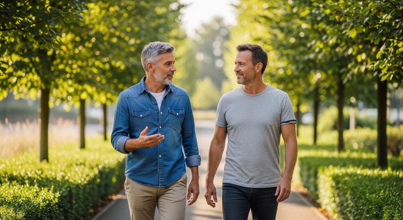 Dua pria paruh baya berjalan dan berbicara di jalan setapak yang ditumbuhi pepohonan dengan pakaian kasual